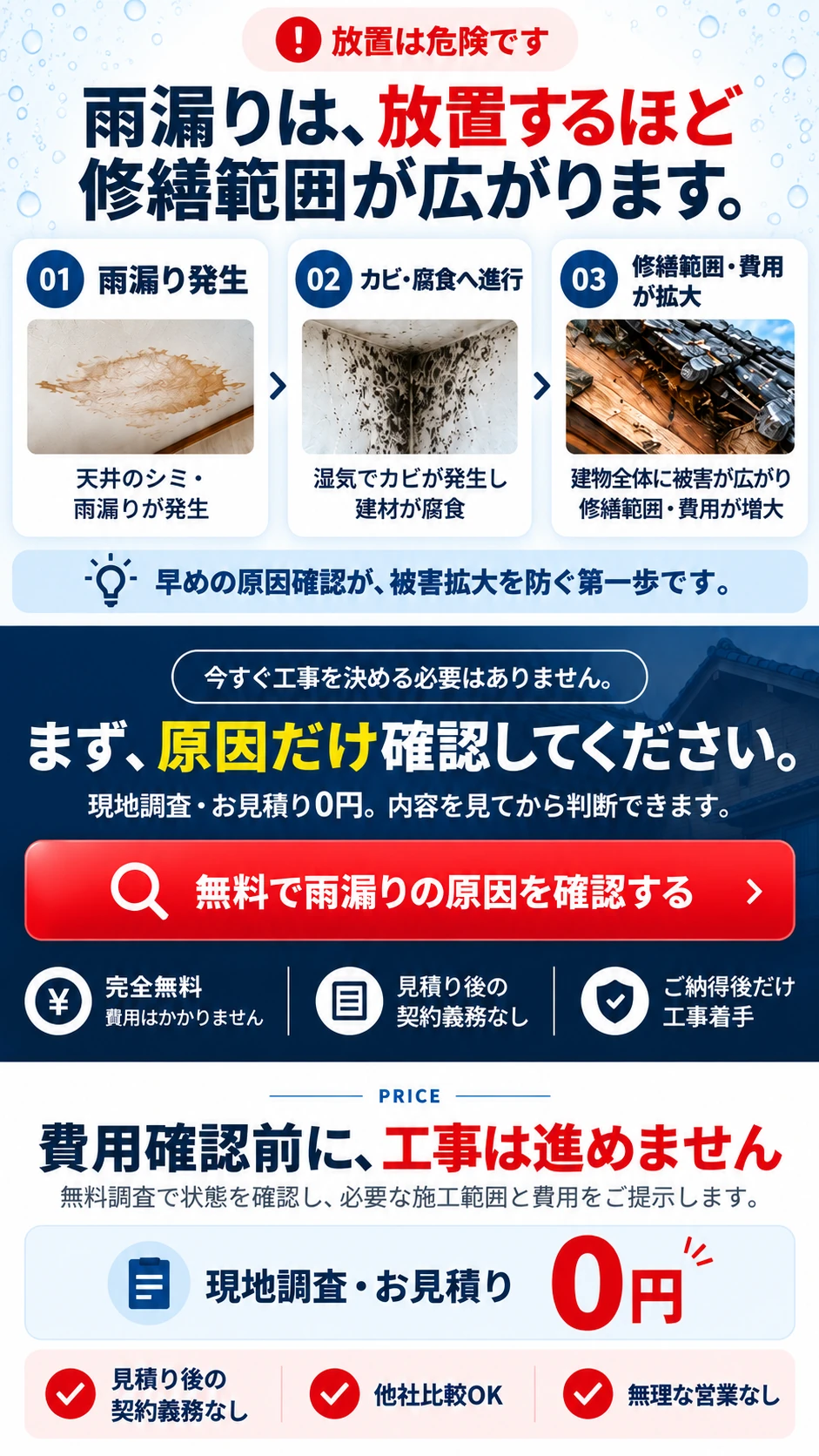 放置は危険です。雨漏りは、放置するほど修繕範囲が広がります。まず、原因だけ確認してください。無料で雨漏りの原因を確認する。費用確認前に、工事は進めません。